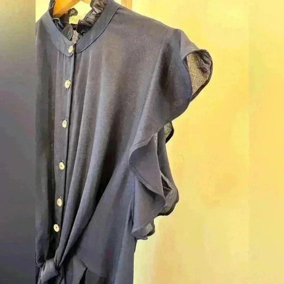 Women’s Navy Frill Short-Sleeved Button-Up Romper - Picture 4 of 9